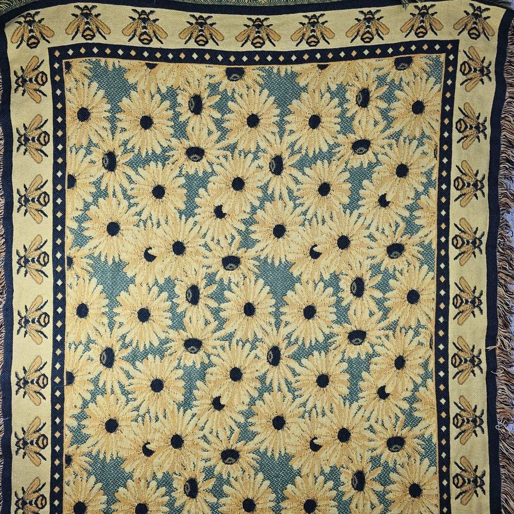 Vintage Sunflowers Bees Tapestry Blanket Throw 72x48 90s Fringe Boho Cottagecore